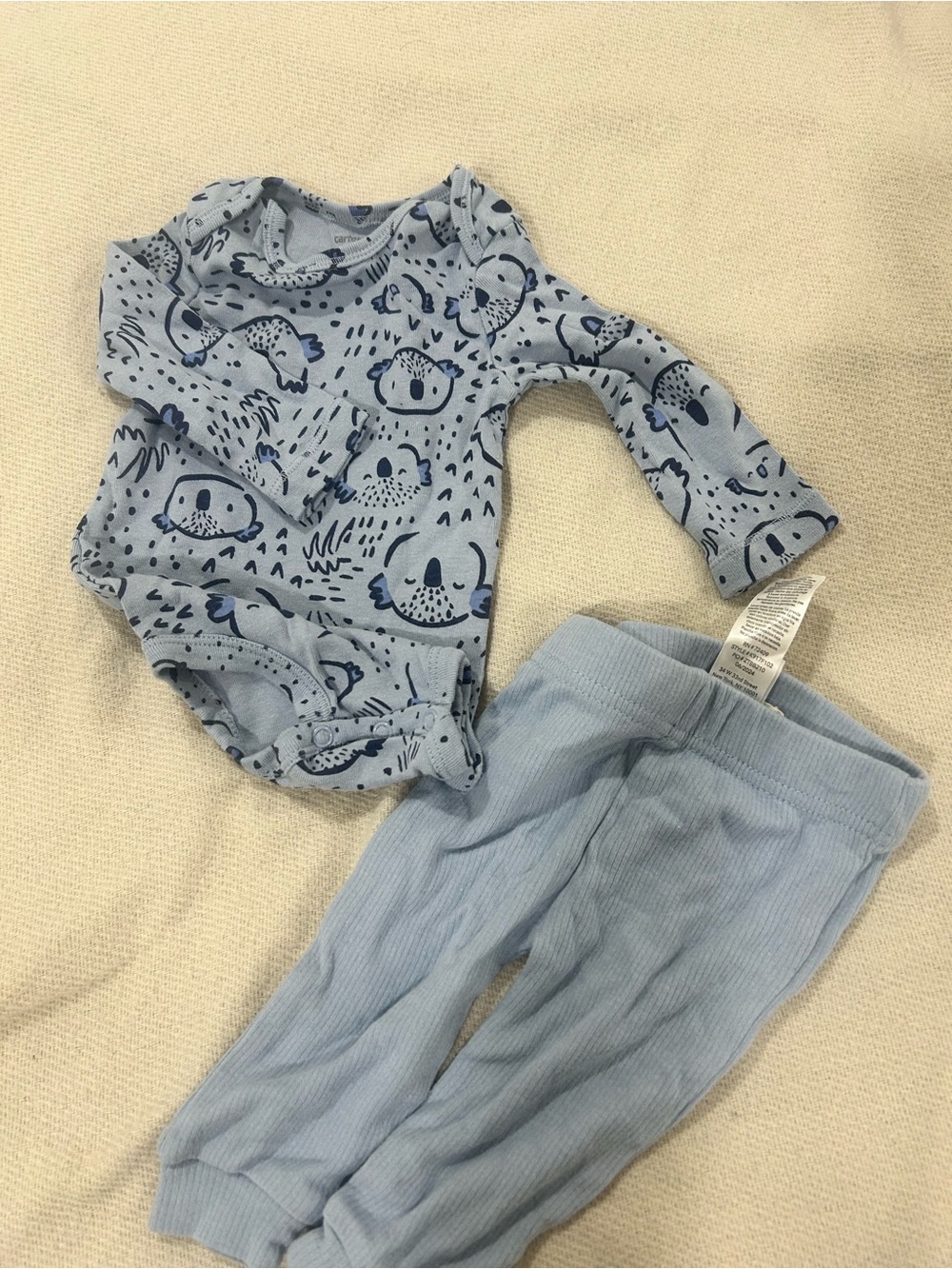 Light Blue Baby Bodysuit & Pants Set with Navy Animal Print